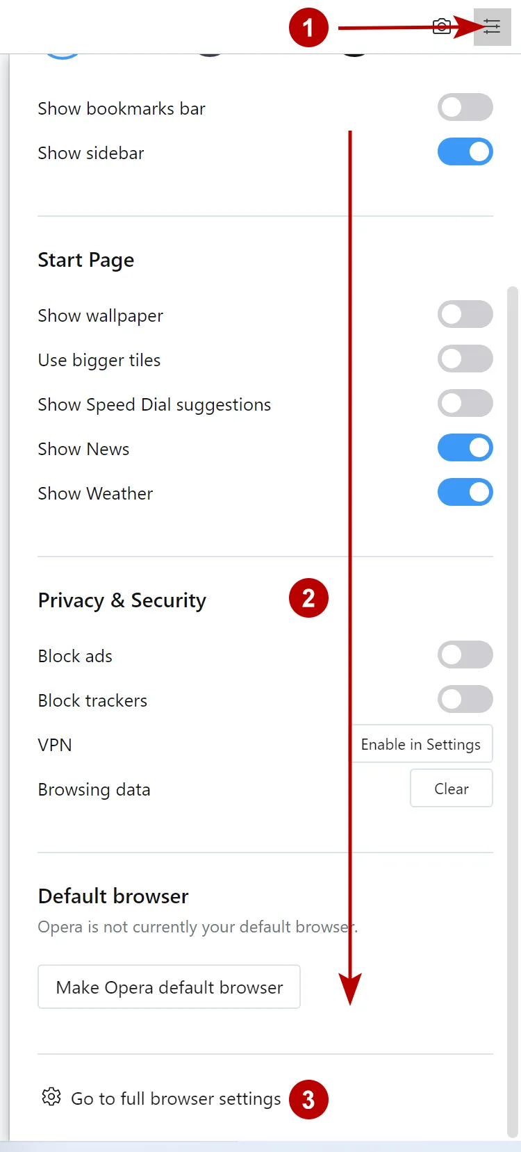 Opera browser settings on Windows
